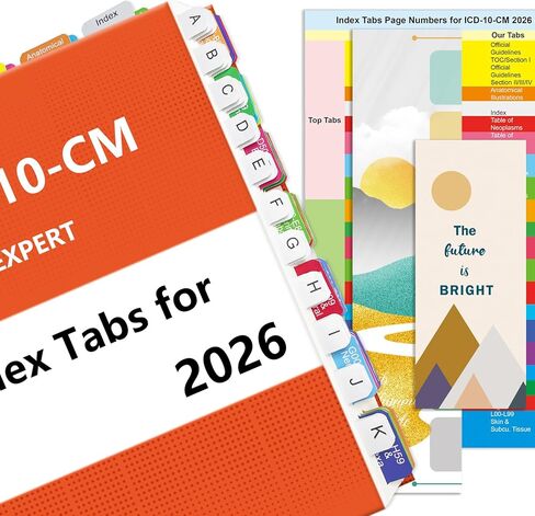 Upgraded Index tabs for AAPC Version 2025 ICD-10 -CM, 96 Book Tabs, Color-Coded with Alignment Card & Page Numbers Sheet & Bookmark, Laminated Durable, Book Not Included in Kuwait