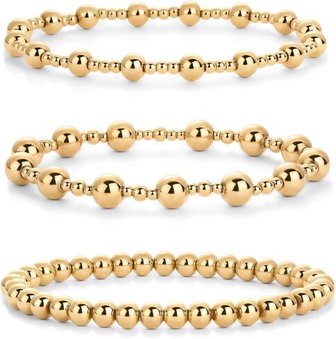 PAVOI 14K Yellow Gold Plated Beaded Chunky Stretch Bracelet Set of 3 - Trendy Beaded Bracelets for Women - 6.5 Inches in Saudi Arabia
