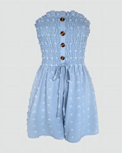 Womens Polka Dot Strapless Bandeau Ruffled Shirred Romper with Button Tied Waist Short Jumpsuit Causal One Piece Daily Wear in Saudi Arabia
