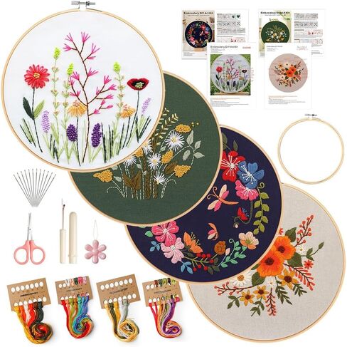 Embroidery Kit for Adults, 4 Sets Cross Stitch Kits for Adults with Stamped Flower Pattern and Easy Instruction, Embroidery Kits with Embroidery Hoop and Color Threads for Adults in Saudi Arabia