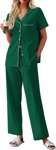 Ekouaer Women's Cotton Pajamas Set Short Sleeve Button Down Pjs 2 Piece Soft Sleepwear with Long Pants Lounge Set Green Medium in Kuwait