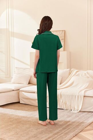 Ekouaer Women's Cotton Pajamas Set Short Sleeve Button Down Pjs 2 Piece Soft Sleepwear with Long Pants Lounge Set Green Medium in Kuwait
