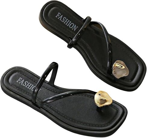 GORGLITTER Women's Metal Strappy Flat Sandals Square Open Toe Ring Dressy Vacation Slip On Slides Shoes in Saudi Arabia