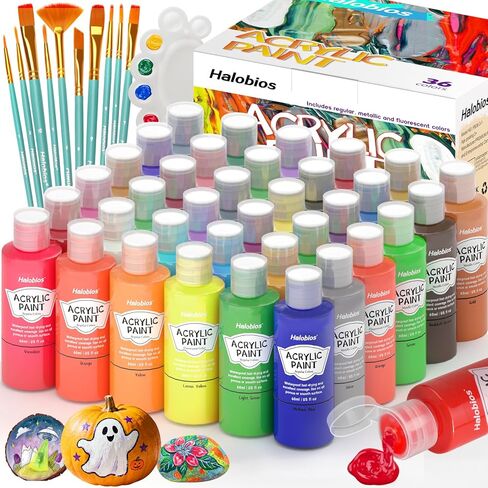 Halobios Acrylic Paint Set 28 Colors with 10 Brushes, Art Craft Paints for Artists Kids Beginners Students & Painters, Canvas fabric Ceramic Wood Rock Painting Art Supplies (Multicolor) in Kuwait