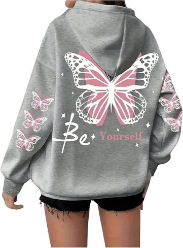 Women's Plus Size Butterfly Graphic Hoodie Y2k Drawstring Long Sleeve Baggy Hooded Sweatshirt Fall Clothes in Kuwait