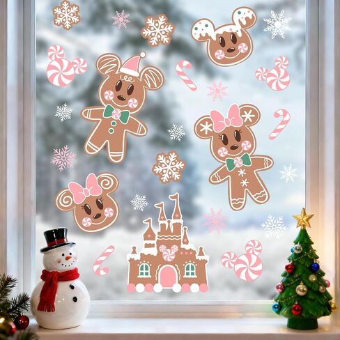 Mfault Pink Christmas Gingerbread Man Castle Window Clings, Xmas Cookie Peppermint Candy Cane Stickers Decals Decorations, Winter Holiday Snowflake Home Kitchen Decor in Saudi Arabia