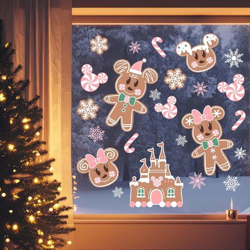 Mfault Pink Christmas Gingerbread Man Castle Window Clings, Xmas Cookie Peppermint Candy Cane Stickers Decals Decorations, Winter Holiday Snowflake Home Kitchen Decor in Saudi Arabia