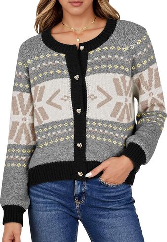 Saodimallsu Womens Button Up Cardigan Sweaters Crew Neck Vintage Fair Isle Long Sleeve Warm Knit Christmas Sweater Coats in Saudi Arabia
