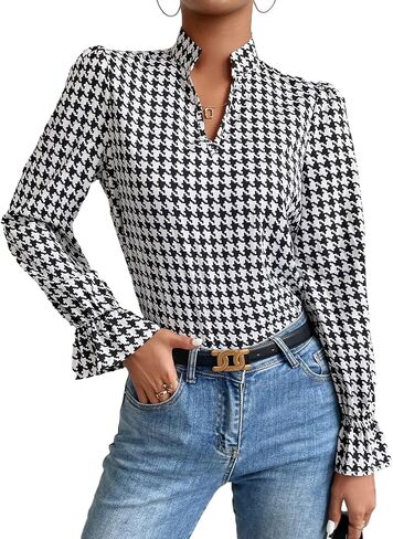 بلوزة حريمي من Floerns بطبعة Houndstooth ورقبة على شكل حرف V وأكمام طويلة كاجوال in Saudi Arabia