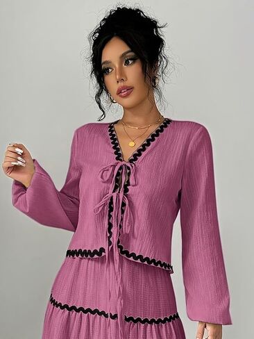 Women V Collar Blouse Puff Sleeve Pleated Tie Front Shirts Summer Cute Tops in Saudi Arabia