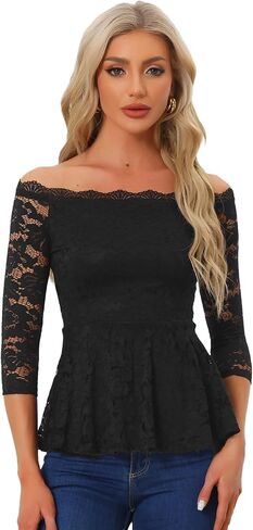 Allegra K Elegant Lace Blouse for Women's Semi Sheer 3/4 Sleeve Off Shoulder Peplum Top in Saudi Arabia