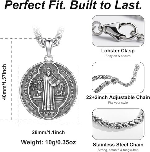 925 Sterling Silver St Benedict Necklace, Saint Benedict Pendant, Protection Religious Amulet Jewelry for Men Women in Saudi Arabia