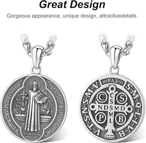 925 Sterling Silver St Benedict Necklace, Saint Benedict Pendant, Protection Religious Amulet Jewelry for Men Women in Saudi Arabia