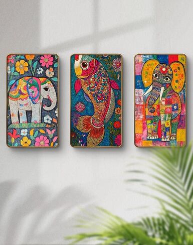 مجموعة Livin'luxe مكونة من 3 لوحات فنية حديثة من Madhubani لوحات جدارية مؤطرة ذهبية فاخرة لغرفة المعيشة وغرفة النوم وديكور المنزل وتزيين الجدران مقاس 35 بوصة × 20 بوصة SG21 in Kuwait