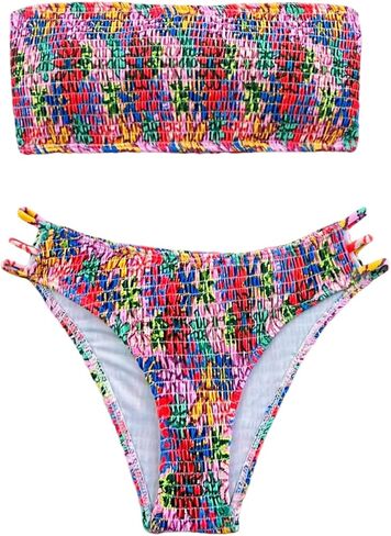 WDIRARA Women's 2PC Floral Smocked Swimsuit Strapless Bandeau Bikini Set Cut Out 2 Piece Bathing Suits in Saudi Arabia