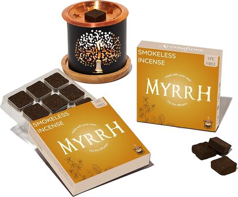 Commiphora Myrrha Incense Bricks & Tree of Life Exotic Burner by Aromafume | 2 Trays x 9 Bricks | Commiphora Myrrha Natural Incense from East Africa | Low-Smoke & Non-Toxic in Saudi Arabia