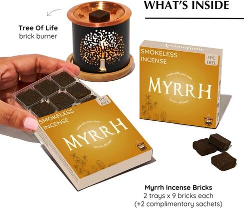 Commiphora Myrrha Incense Bricks & Tree of Life Exotic Burner by Aromafume | 2 Trays x 9 Bricks | Commiphora Myrrha Natural Incense from East Africa | Low-Smoke & Non-Toxic in Saudi Arabia