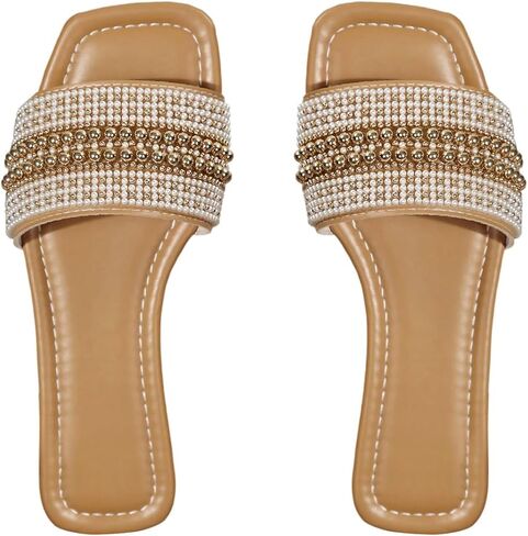 OYOANGLE Women's Pearl Beaded Square Open Toe Slide Sandals Comfortable Non Slip Dressy Flat Sandal in Saudi Arabia