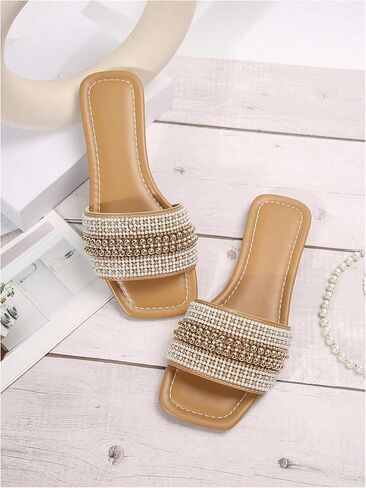 صندل نسائي من OYOANGLE مزين باللؤلؤ ومربع مفتوح عند الأصابع، صندل مسطح أنيق غير قابل للانزلاق in Kuwait