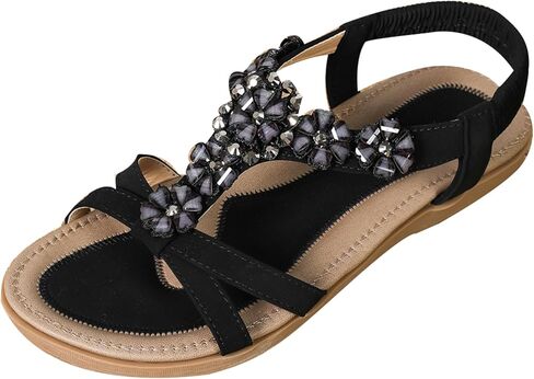 Flat Sandals For Women Dressy Walking Comfortable Shoes With Rhinestone Elastic Strap Summer Vacation in Saudi Arabia