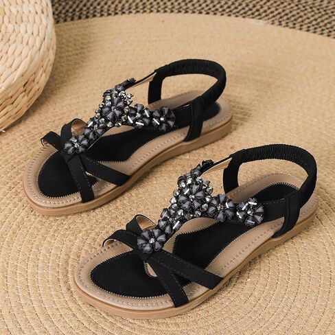 Flat Sandals For Women Dressy Walking Comfortable Shoes With Rhinestone Elastic Strap Summer Vacation in Saudi Arabia