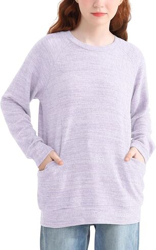 قمصان الفتيات طويلة الأكمام عادية تيز راجلان Crewneck بلوزات فضفاضة تناسب البلوز مع جيوب لمدة 6-13 سنة in Kuwait