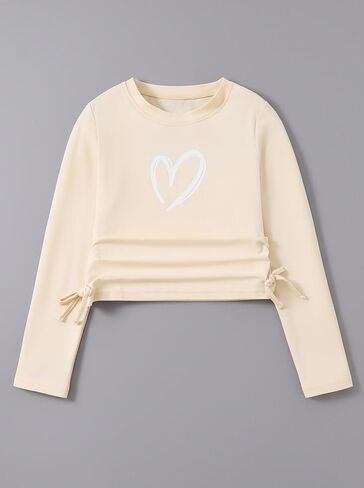 Girls Long Sleeve Ruched Side T-Shirt Heart Print Adjustable Drawstring Top in Saudi Arabia