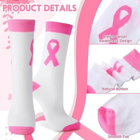 60 Pairs Breast Cancer Awareness Socks Bulk Pink Ribbon Middle Tube Football Socks for Events Youth Adult(White) in Saudi Arabia