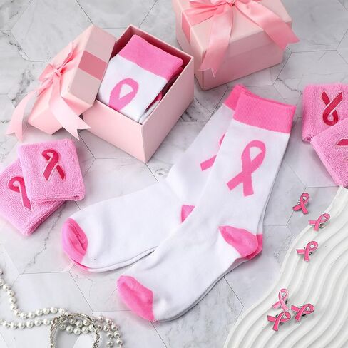60 Pairs Breast Cancer Awareness Socks Bulk Pink Ribbon Middle Tube Football Socks for Events Youth Adult(White) in Saudi Arabia