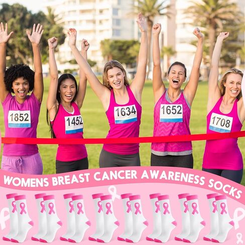 60 Pairs Breast Cancer Awareness Socks Bulk Pink Ribbon Middle Tube Football Socks for Events Youth Adult(White) in Saudi Arabia