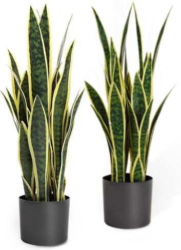 KOL 25.6’’ 2-Pack Artificial Snake Plant, Mother in Law Tongue Plants, 2ft Fake Sansevieria Indoor, 32 Realistic Leaves in Pot, Home Office Hotel Garden Corner Decor, Yellow in Saudi Arabia