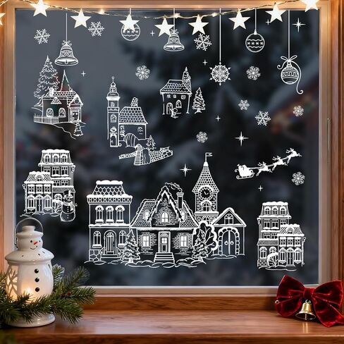 Mfault Grey Christmas White House Window Clings 4 Sheets, Gray Xmas Town Street Scene Stickers Decals Decorations, Winter Holiday Snowflake Home Kitchen Decor in Saudi Arabia