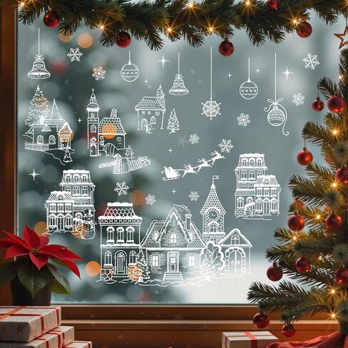 Mfault Grey Christmas White House Window Clings 4 Sheets, Gray Xmas Town Street Scene Stickers Decals Decorations, Winter Holiday Snowflake Home Kitchen Decor in Saudi Arabia