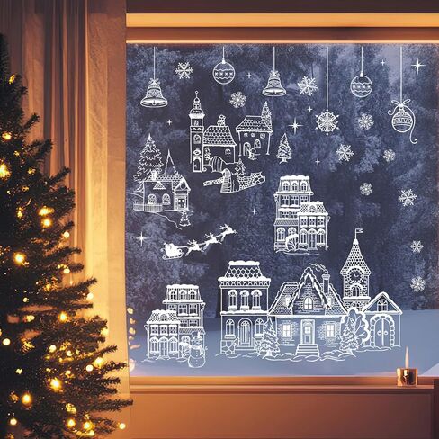 Mfault Grey Christmas White House Window Clings 4 Sheets, Gray Xmas Town Street Scene Stickers Decals Decorations, Winter Holiday Snowflake Home Kitchen Decor in Saudi Arabia