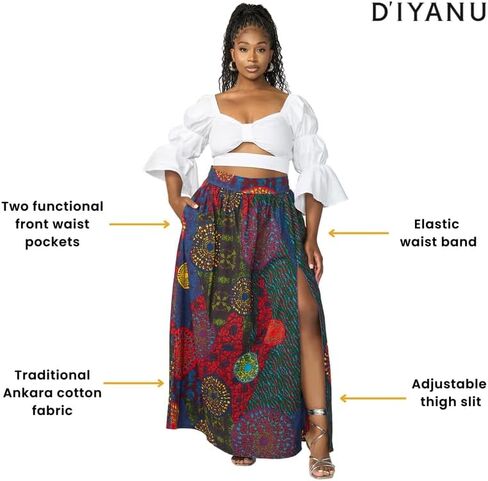 D'IYANU | تنورة طويلة للسيدات من Isioma بطباعة أفريقية - خصر عالي، طول كامل، قماش شمع أنقرة - مقاسات عادية وكبيرة in Kuwait