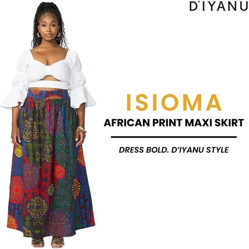 D'IYANU | تنورة طويلة للسيدات من Isioma بطباعة أفريقية - خصر عالي، طول كامل، قماش شمع أنقرة - مقاسات عادية وكبيرة in Kuwait