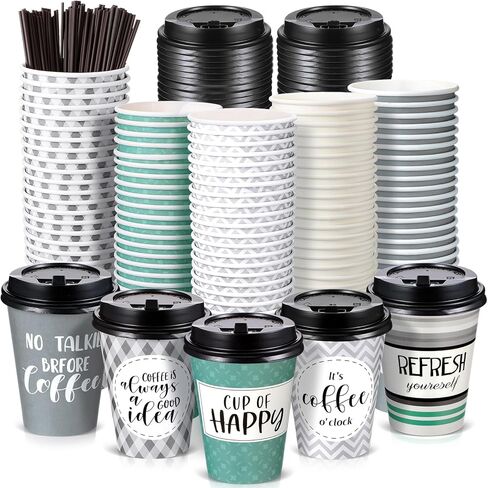 Gerrii 100 Pack Disposable Coffee Cups with Lids and Straws, Motivational Paper Hot Cups with 6 Quotes and Designs for Water, Juice, Coffee, Tea, Home, Shop Cafe(12 oz) in Kuwait