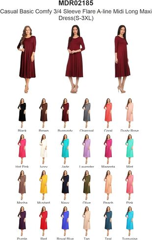 Women's Casual Basic Comfy 3/4 Sleeve Flare A-line Midi Long Maxi Dress(S-3XL) in Saudi Arabia