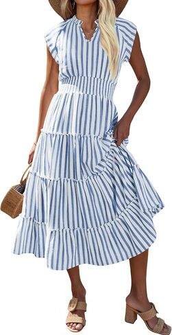 Caracilia Womens Summer Maxi Dress 2026 Casual V Neck Cap Sleeve Ruffle Striped Plaid Flowy Tiered Beach Vacation Sundress in Saudi Arabia