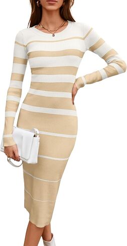 MAKABO Women's Long Sleeve Ribbed Sweater Dress Crew Neck Stripes Bodycon Midi Dresses Casual Knit Stretch Outfits in Kuwait