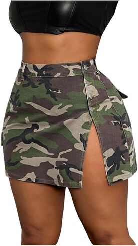 تنورة WDIRARA النسائية ذات الحجم الكبير من قماش الدنيم المموه بخصر عالٍ، تنانير قصيرة ضيقة ملابس الشارع in Kuwait