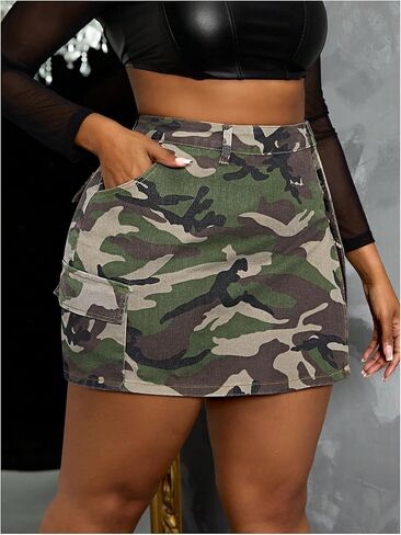 تنورة WDIRARA النسائية ذات الحجم الكبير من قماش الدنيم المموه بخصر عالٍ، تنانير قصيرة ضيقة ملابس الشارع in Kuwait