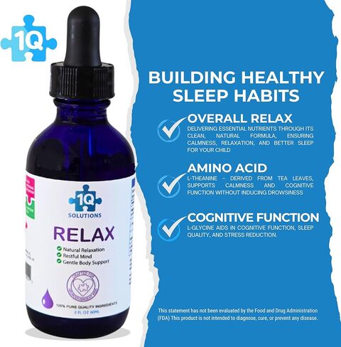 1Q Relax – قطرات سائلة مهدئة للأطفال| جليسينات المغنيسيوم، إل-ثيانين، وإل-جليسين |بدون ميلاتونين، خالي من السكر، نباتي، غير معدّل وراثيًا | استيعاب متقدم | مزاج لطيف، وقت النوم ودعم النوم | 2 أونصة سائلة in Saudi Arabia