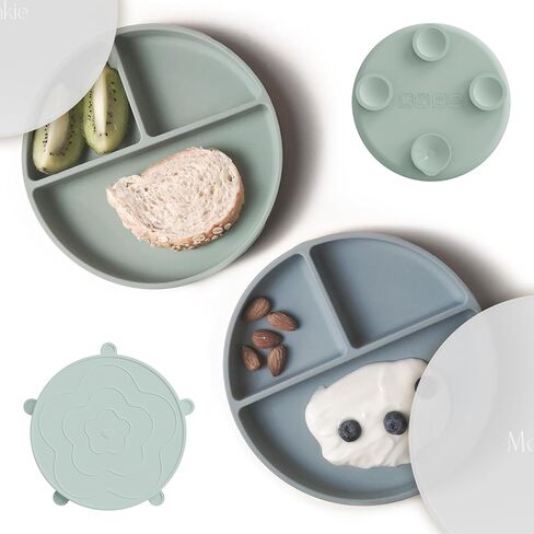 Moonkie Suction Plates for Baby | 100% Silicone BPA-Free Baby Plates with Lids and Food Cover | Divided Design | Microwave and Dishwasher Safe | Toddler Plates 2 Pack in Saudi Arabia