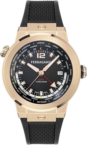 Ferragamo F-80 GMT Worldtime Collection Luxury Mens Watch Timepieces with a Black Strap and Dial Featuring a Rosegold Case in Saudi Arabia