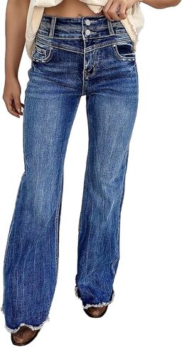 Flamingals Flare Leg High Rise Wash Raw Hem Distressed Dual Button Women's Jeans in Saudi Arabia