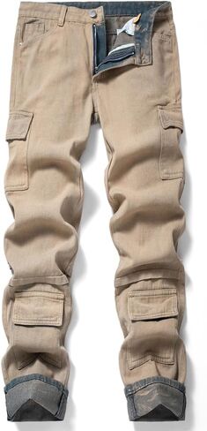 Men's Jeans Straight Biker Denim Pants Patchwork Casual Multi-Pocket Male Jean in Saudi Arabia
