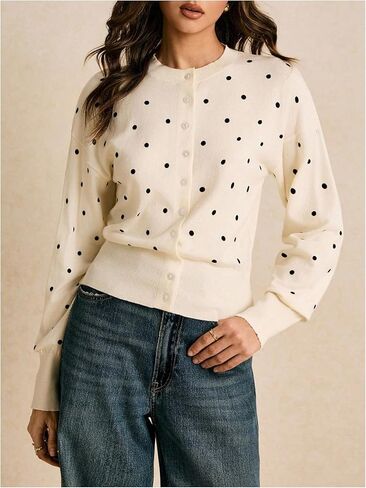 Milumia Women's Polka Dots Button Up Cardigan Open Front Long Sleeve Knit Fall Sweater Tops in Kuwait