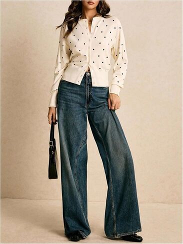 Milumia Women's Polka Dots Button Up Cardigan Open Front Long Sleeve Knit Fall Sweater Tops in Kuwait