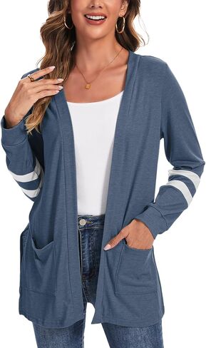 Lightweight Cardigan for Women Long Sleeve Fall Cardigans with Pockets Open Front Sweater with Striped Sleeve in Saudi Arabia